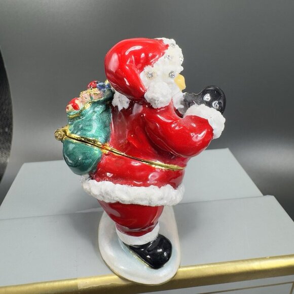 Santa Claus Christmas Enamel Over Metal Bejeweled Hinged Trinket Box Pill Box - Picture 11 of 13